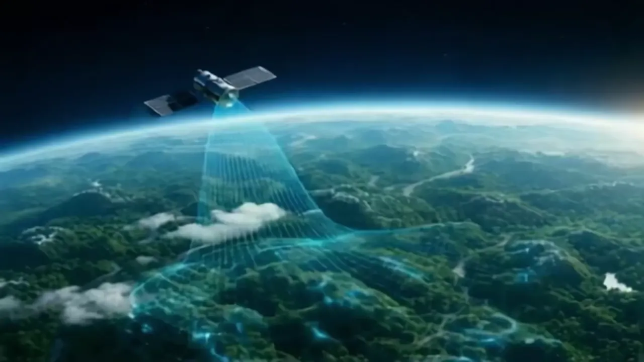 Illustration of a satellite observing a forested landscape