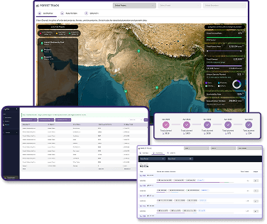 Mynzo platform illustration with a project map, asset records and reporting panels