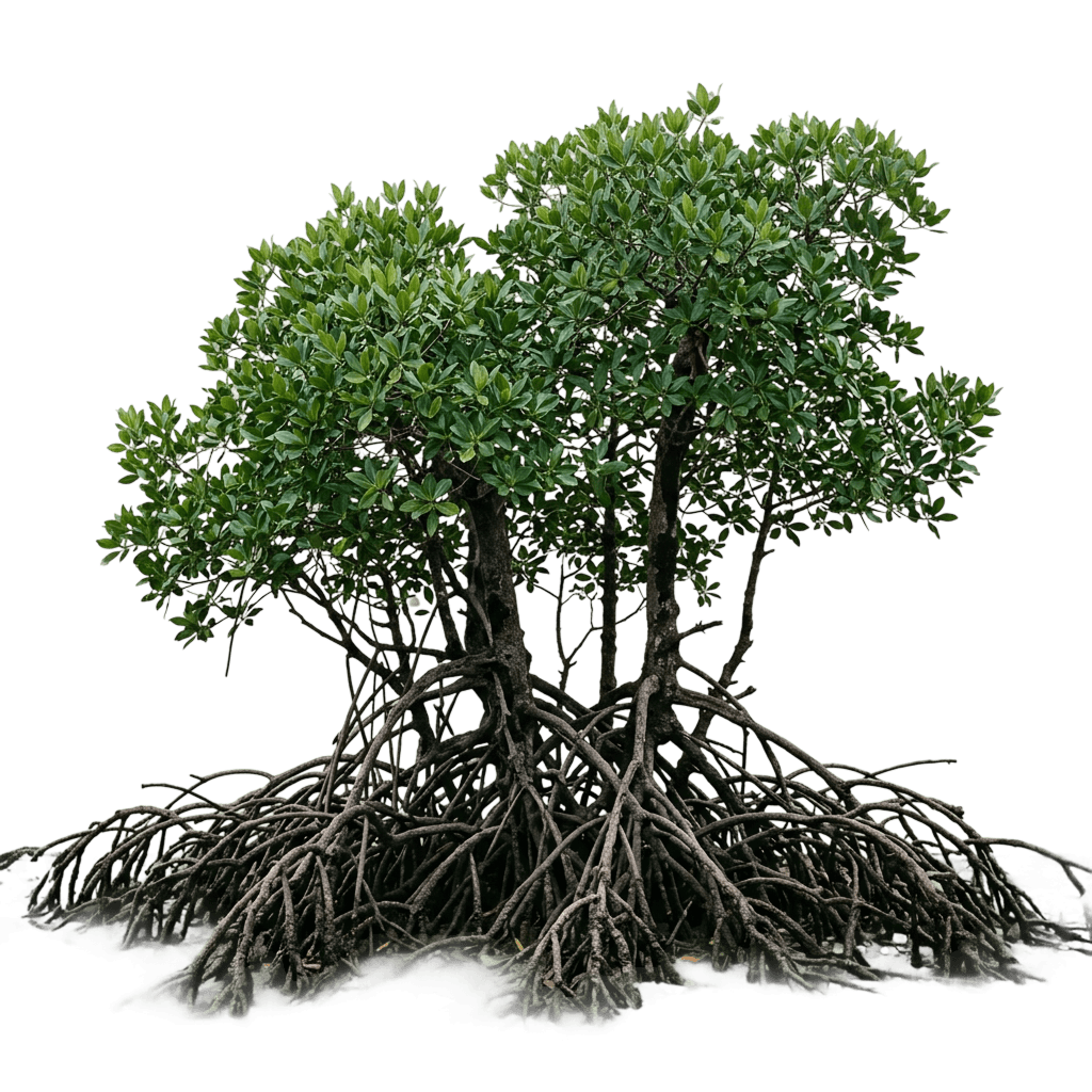 Mangrove trees with branching roots and a dense green canopy